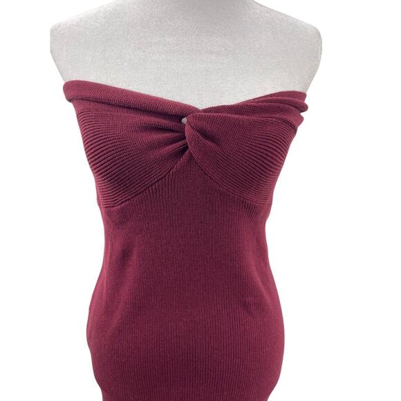 Burgundy Knit Strapless Bodycon Twist Front Tube Maxi Dress L Holiday Babydoll - Picture 2 of 5